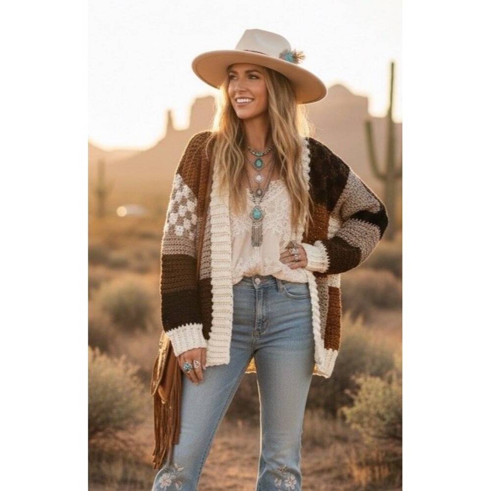 Handmade Crocheted Patchwork Brown Earthy Cardigan Sweater Open Boho  M-XXL
